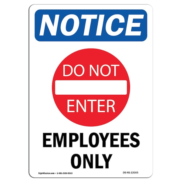 Safety Sign, OSHA Notice, 24" Height, Employees Only Sign With Symbol, Portrait